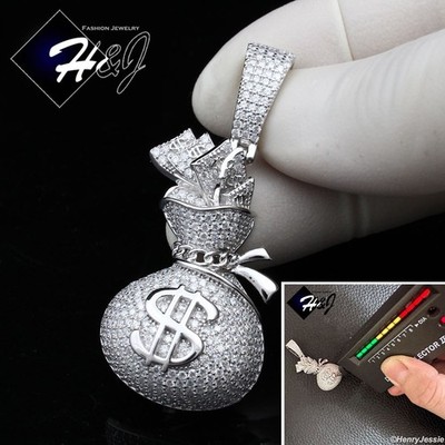 MEN SOLID 925 STERLING SILVER ICY MOISSANITE 3D $ SIGN MONEY BAG PENDANT*MP561