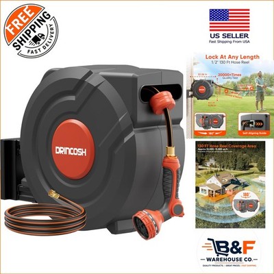Retractable Garden Hose Reel 130 ft - Wall-Mounted with 180° Swivel & Nozzle
