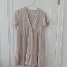 women small Beige Short Sleeve V-Neck Dress