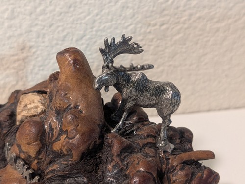 Vintage Burl Wood Root Alaska w/ Pewter Moose Wolf Figures Sculpture Souvenir - Picture 3 of 6