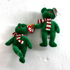 Ty Baby Beanies Windchill Green Christmas Bears Lot Of 2 With Scarves 5" Vintage