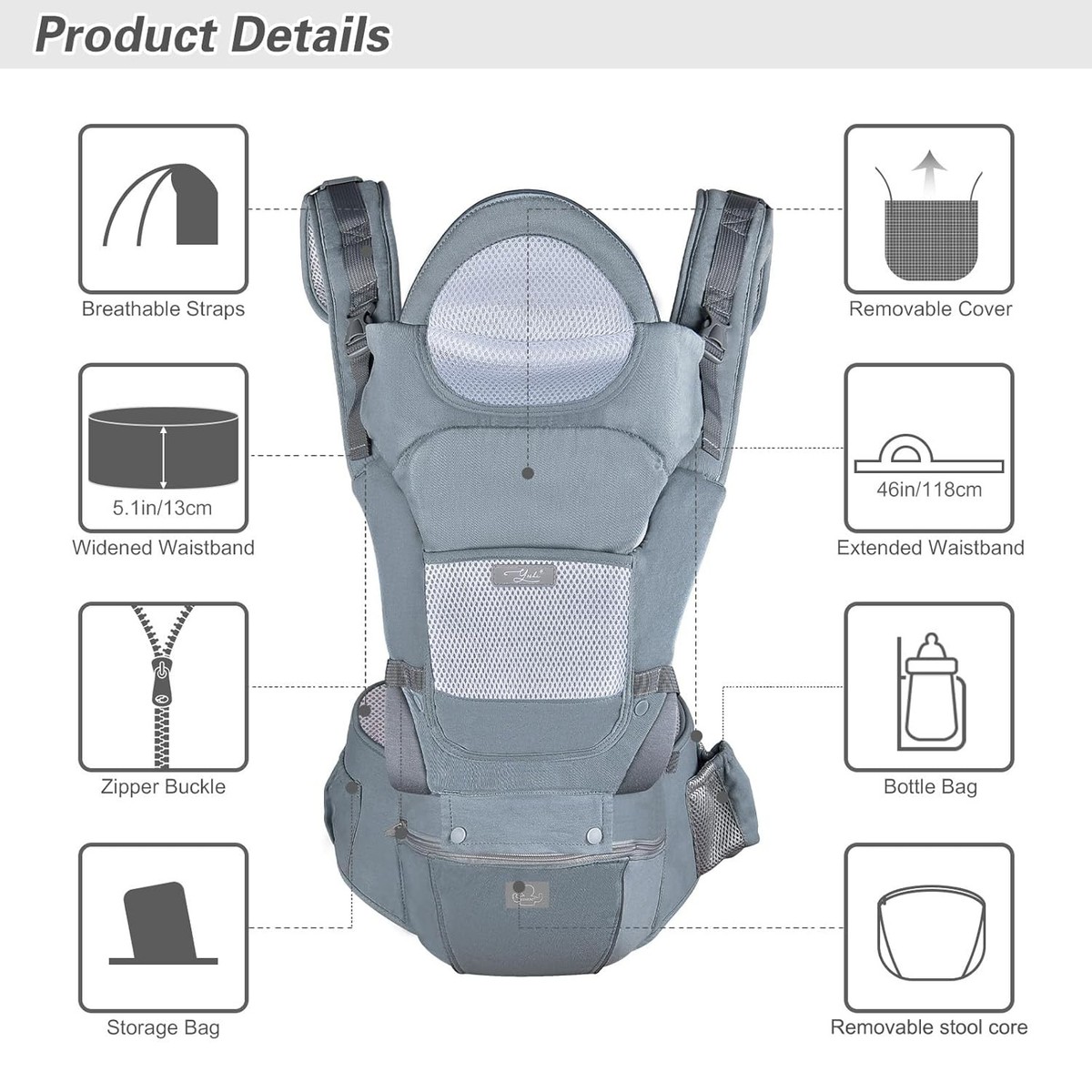 Baby Carrier Ergonomic Infant with Hip Seat Kangaroo Bag Dark Gray
