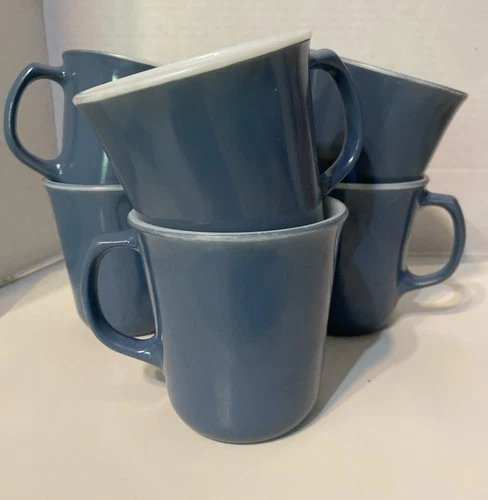 Set of 6 Vintage PYREX Corning Blue Coffee Cups Mugs D Handle