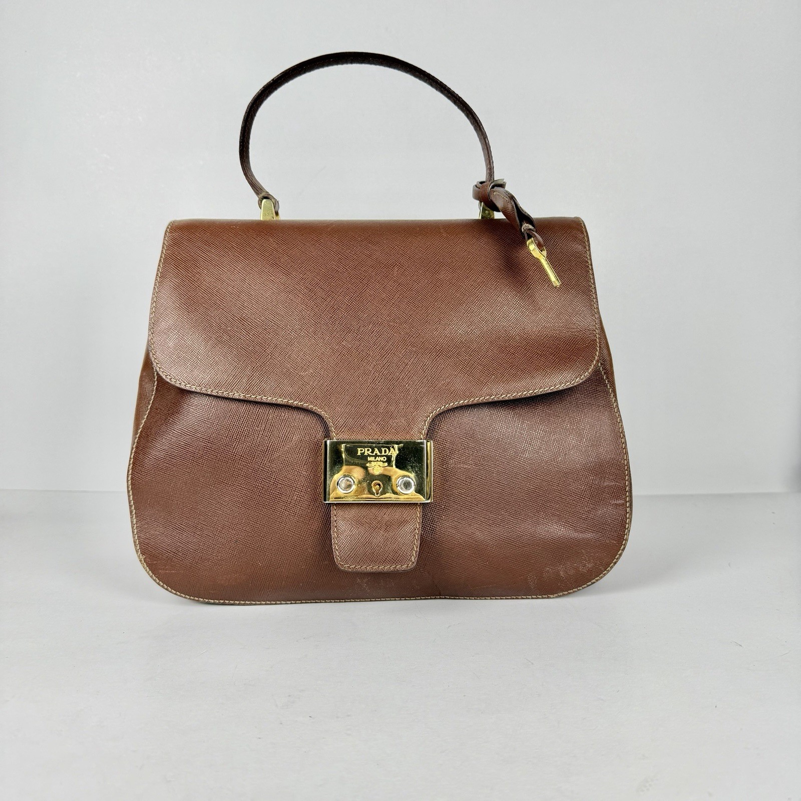 Rare Vintage PRADA Milano Leather Top Handle Bag Brown 925 Sterling Silver