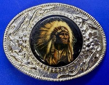 Native American Indian Chief Headdress on Centered Cabochon Western Belt Buckle