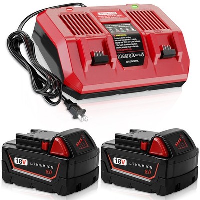 Pack 18V 8.0Ah Battery / 2-Port Dual Charger For Milwaukee M-18 48-11-1852 NEW