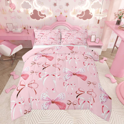 Feelyou Pink Girls Bow Bedding Set Boys Girls Queen Size Bow Comforter Set For
