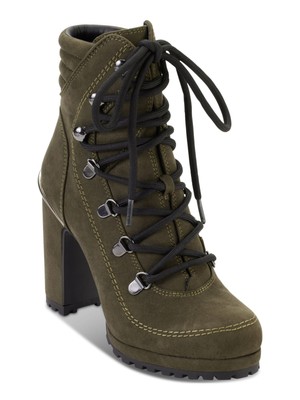 DKNY Womens Green Lug Sole Padded Lenni Round Toe Block Heel Lace-Up Boots 6 M