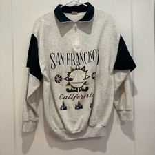 Vintage San Francisco California Quarter Zip Sweatshirt Grey Sailboat USA Made