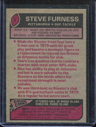 1977 Topps Football # 9 Steve Furness (MT) Mint - Picture 2 of 2