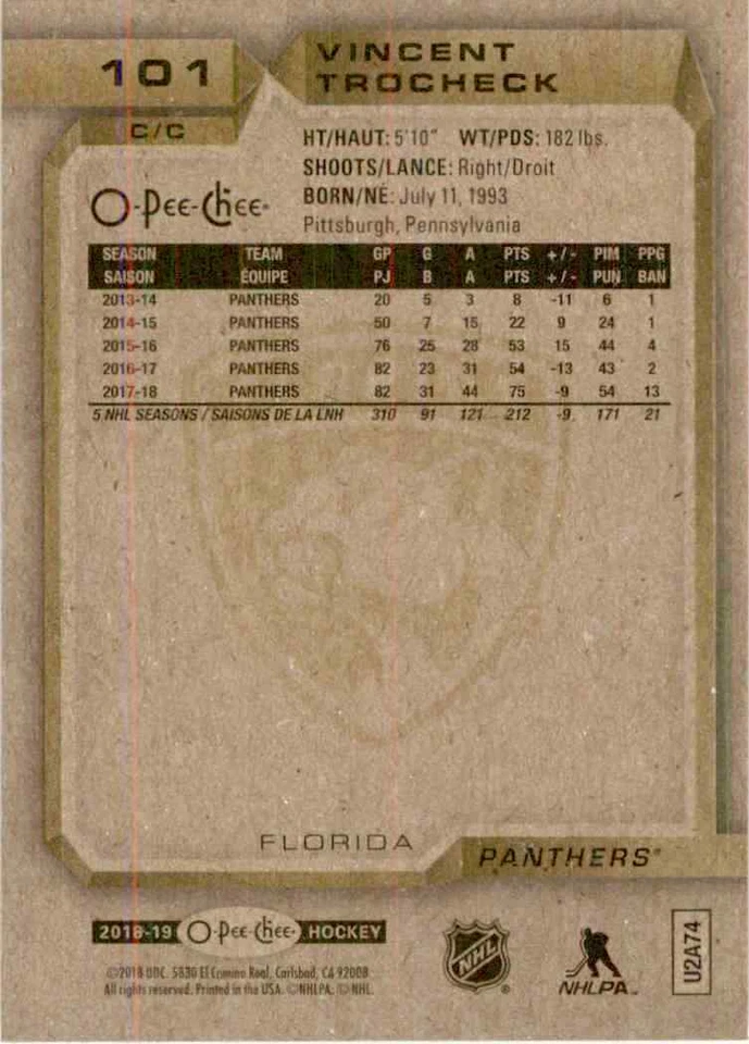 2018-19 O-Pee-Chee Vincent Trocheck #101 - Image 2 of 2