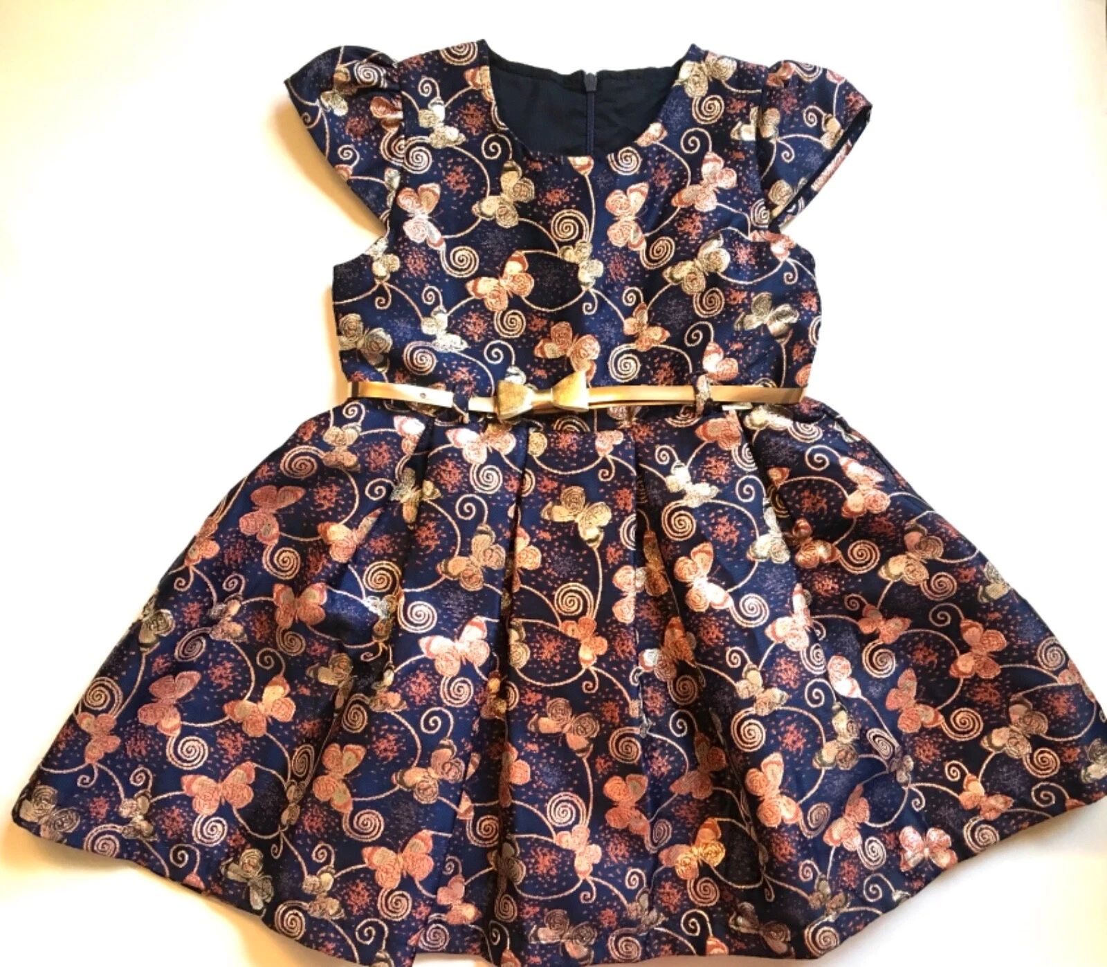 LITTLE GIRLS FLORAL PRINT FIT & FLARE DRESS SIZE 4T SHORT SLEEVES BLUE PINK GOLD