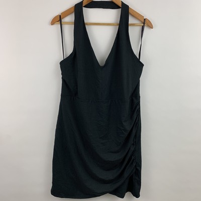 Material Girl Womens Dress XL Ruched Rib Knit Halter Mini Bodycon Party Black