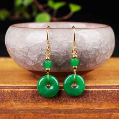 Green Jade Donut Earrings for Women Stone Jadeite Vintage