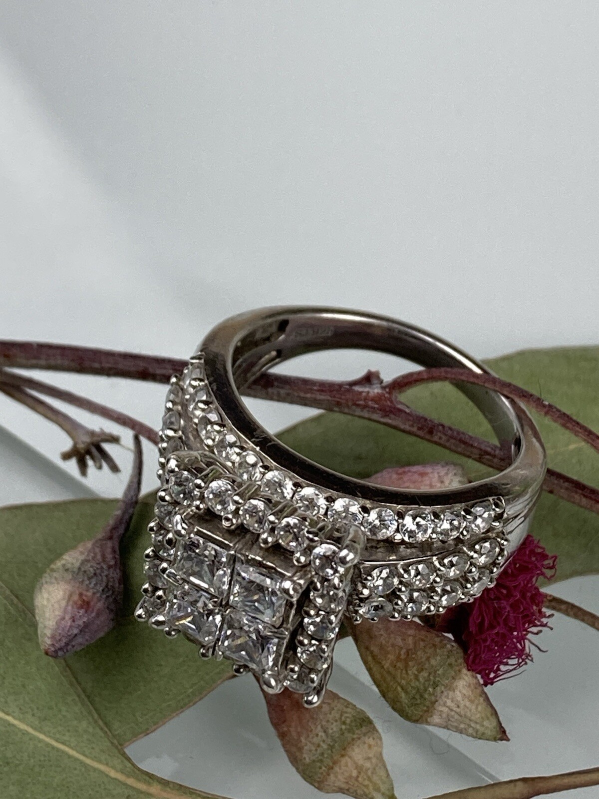 Sterling 925 Solid Silver Iced Cluster Cushion En… - image 3