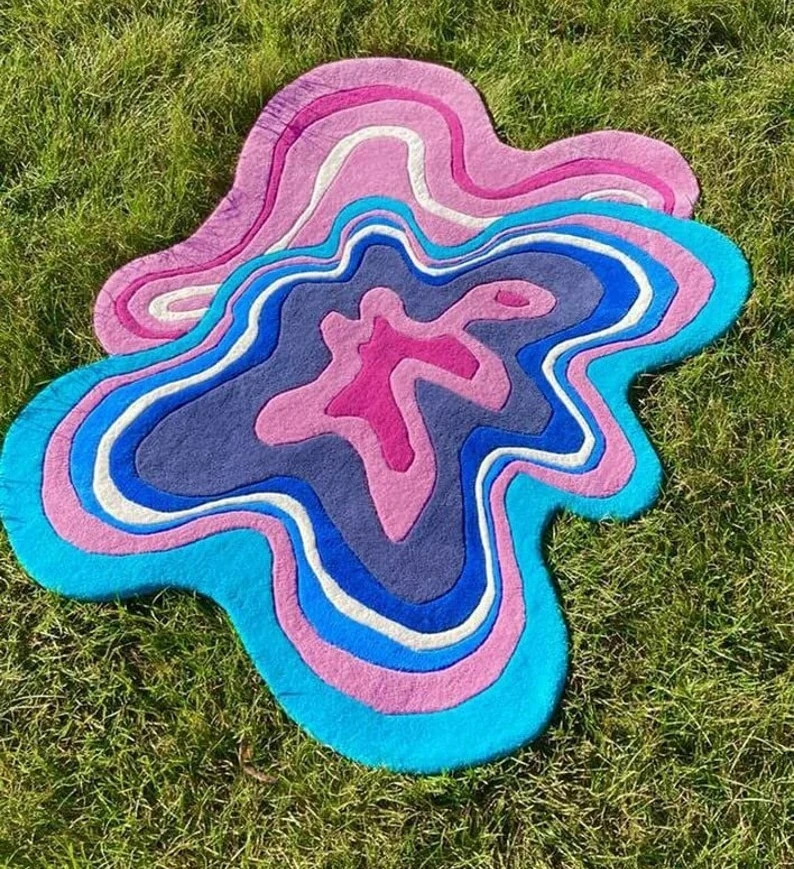 Alfombra de lana de forma irregular, Amoeba rosa-azul, alfombra de lana acolchada a mano 5X5 Foto 4 de 4