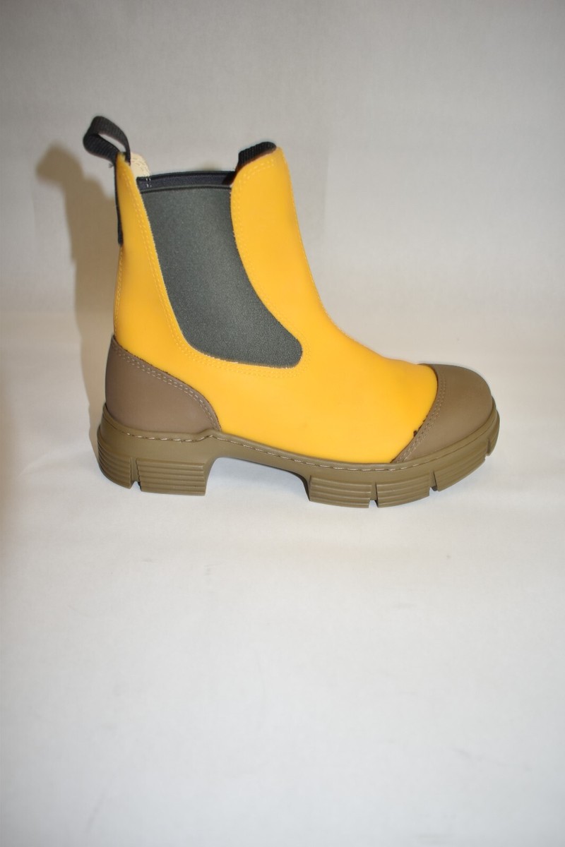 New! GANNI Women's Recycled Rubber Rain Boots Yellow Combat