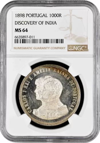 Portugal 1000 reis 1898, NGC MS64, "400th Anniversary - Discovery of India"