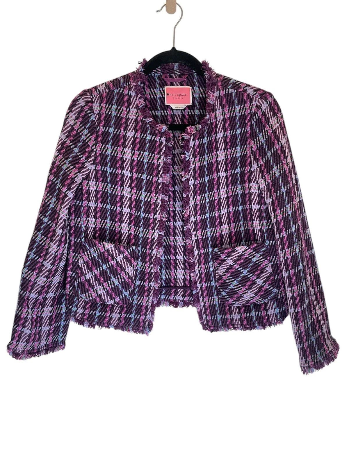 Giacca Kate Spade a quadri tweed rosa metallizzato viola 4