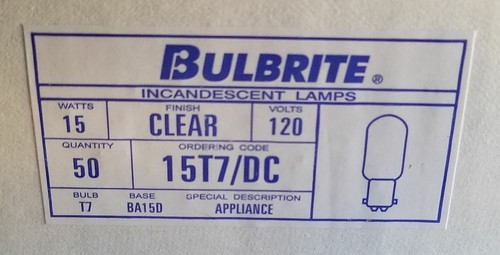50 x Pack Bulbrite Incandesent Appliance Light Bulb Lamp 15W T7 BA15D 120V NEW - Picture 2 of 8