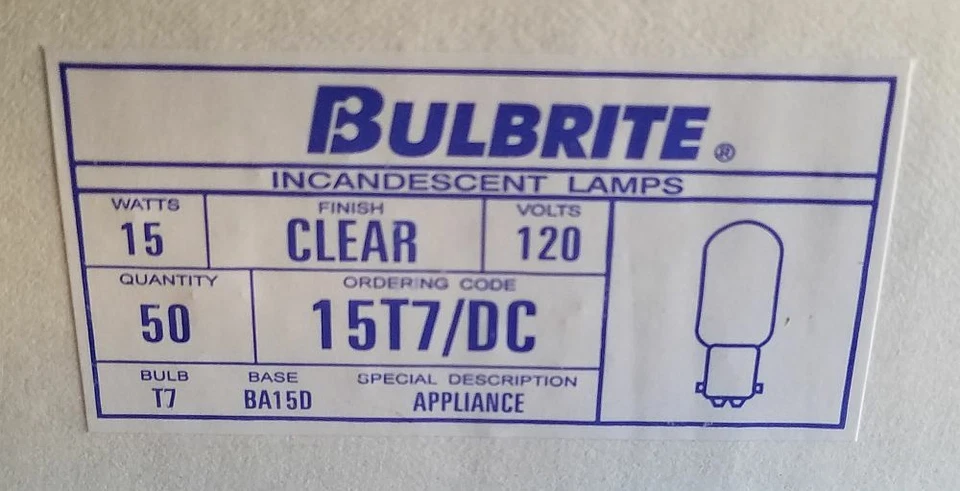 50 x Pack Bulbrite Incandesent Appliance Light Bulb Lamp 15W T7 BA15D 120V NEW - Image 2 of 4