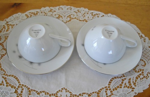 Creative Fine China Japan 1014 Teacups + Saucers Gray Flowers ~ Set of 2 ~ - Picture 5 of 10