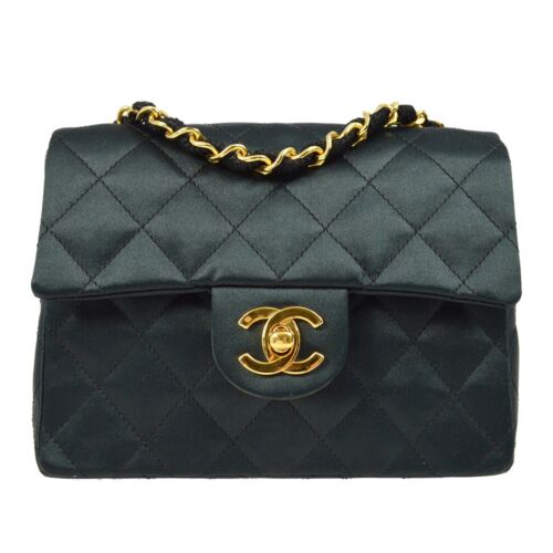 Chanel Black Satin Mini Classic Square Flap Shoulder Bag 17 KK92181 - Afbeelding 1 van 7