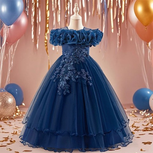 Kids Girls Floral Mesh Dress Formal Gown Party Prom Ball Dance Performance Dress - Picture 6 of 20