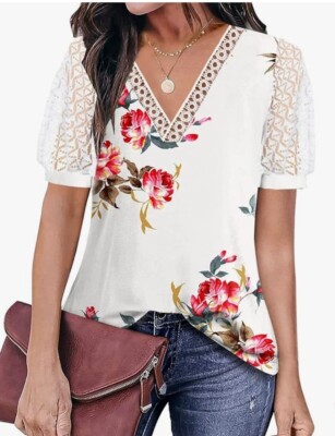 NEW Etcyy New Women's Hollow Lace Puff Short Sleeve V Neck Shirt Size Small