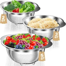 Colander, Stainless Steel Colander for Kitchen, 3Pcs Kitchen Gadget Food Straine