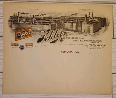VTG Schlitz Beer Oil City Pennsylvania Billhead 8.5''x7'' Logo