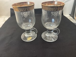 Cellini Crystalware Set Of 2 Irish Coffee Tea Glasses 24K Gold Rim