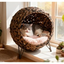 Woven Rattan Cat Bed House with Cushion, 20.5" Dia x 22.75"H