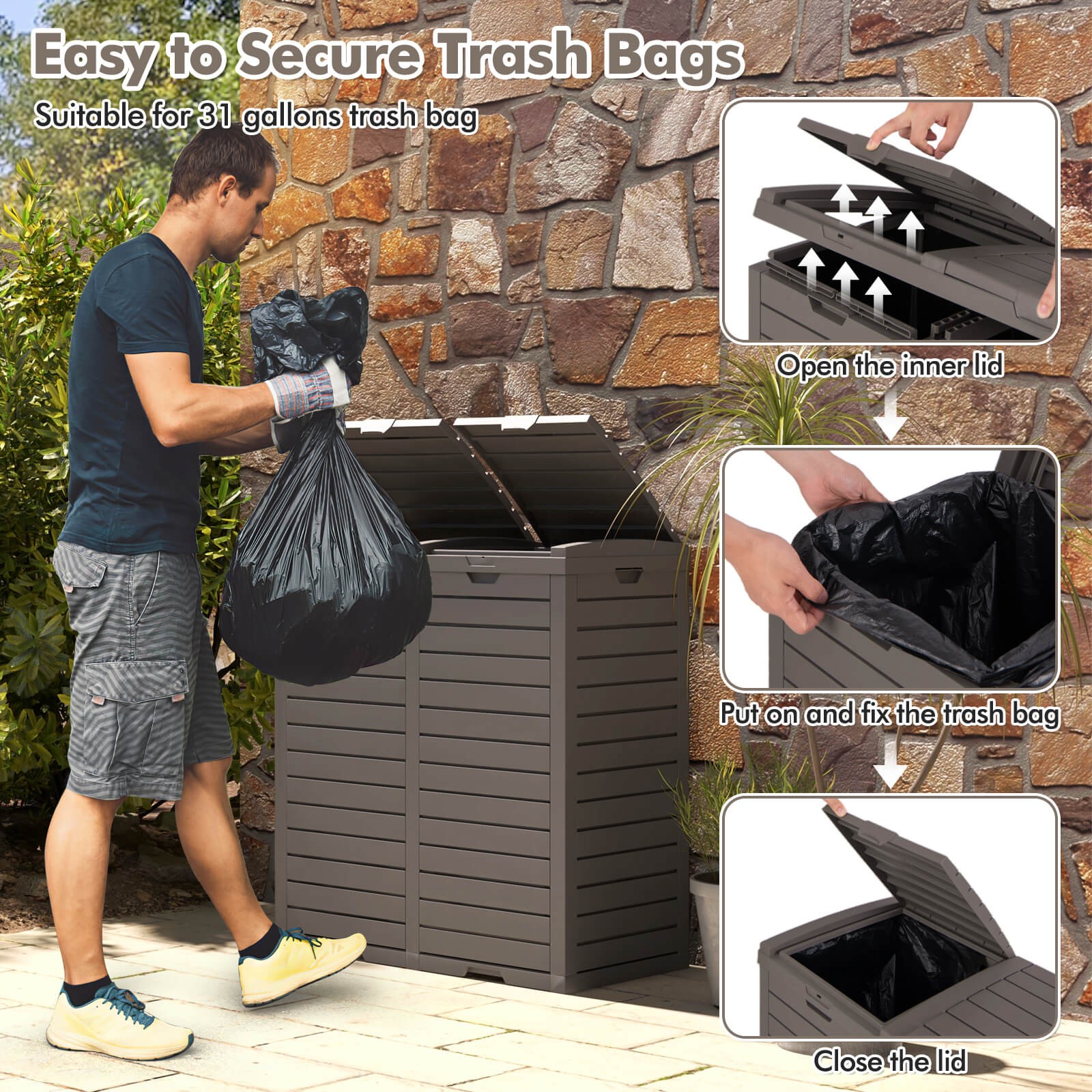 62 Gallon Outdoor Trash Can w/ Tiered Lid Drip Tray Cut-out Handle  for Garden