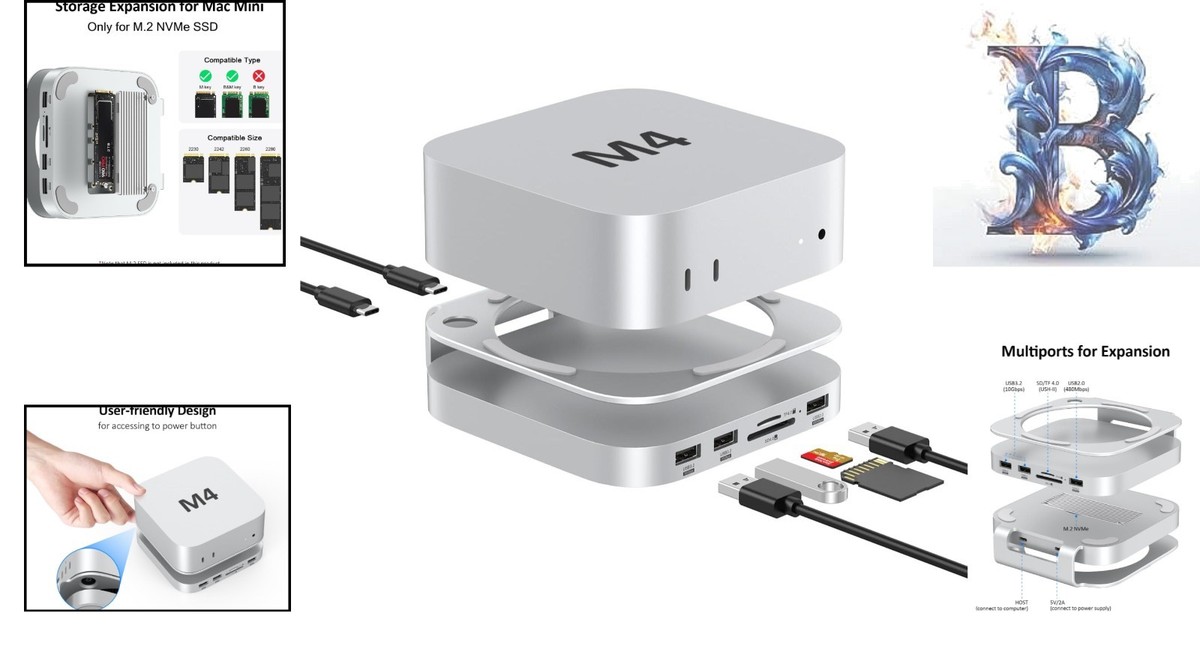 Akyyajaure 9-in-1 Aluminum Hub for Mac Mini M4 Pro: Stylish