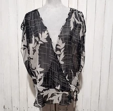 Attention XL Top Blouse Black Gray Floral Sheer Ruched Tie Faux Wrap Sleeveless