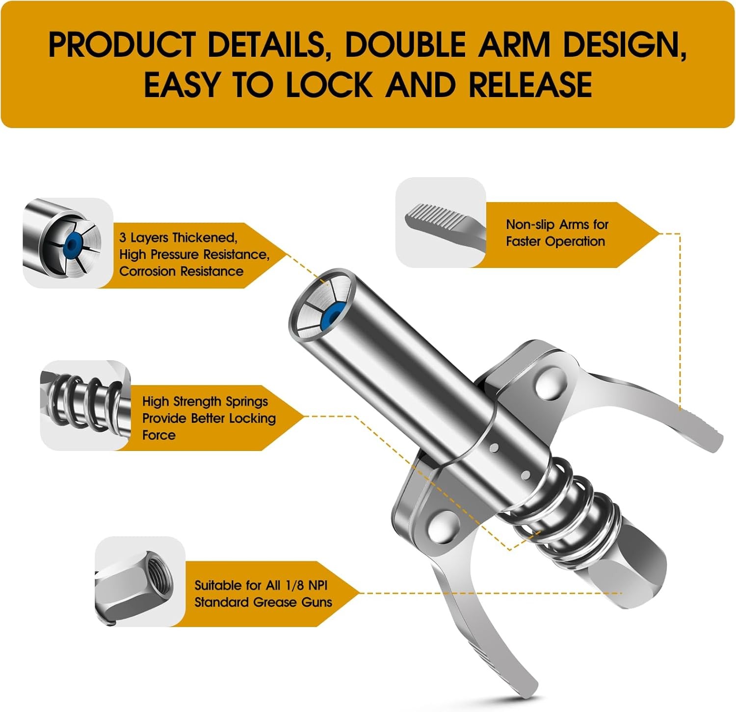 Grease Gun Coupler, Grease Gun Tips, Grease Gun Accessories, 12000 PSI Leak Proo