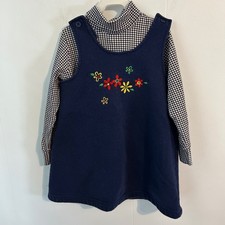 Kellys Kids Girls Vintage Navy Blue Floral Jumper Gingham Turtleneck Set Size 5