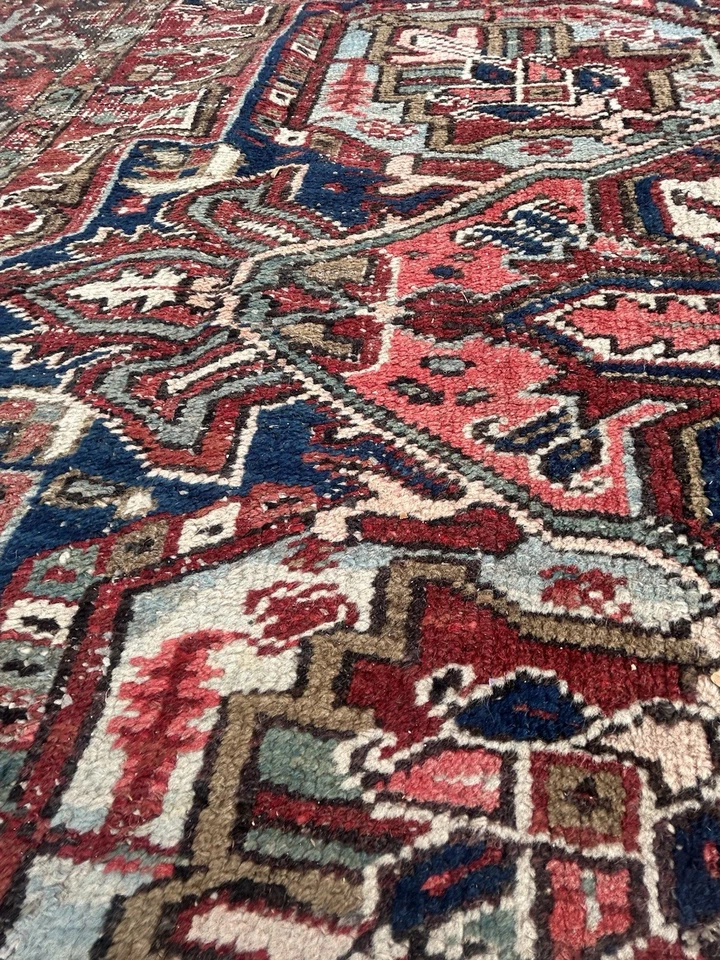 Antigua alfombra Heriz exquisita anudada a mano 9’ X 12,5’ pies borde grande pila de lana Foto 4 de 4