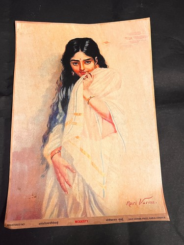 Vintage Ravi Varma Press Lithograph Print Modesty Rare Colle