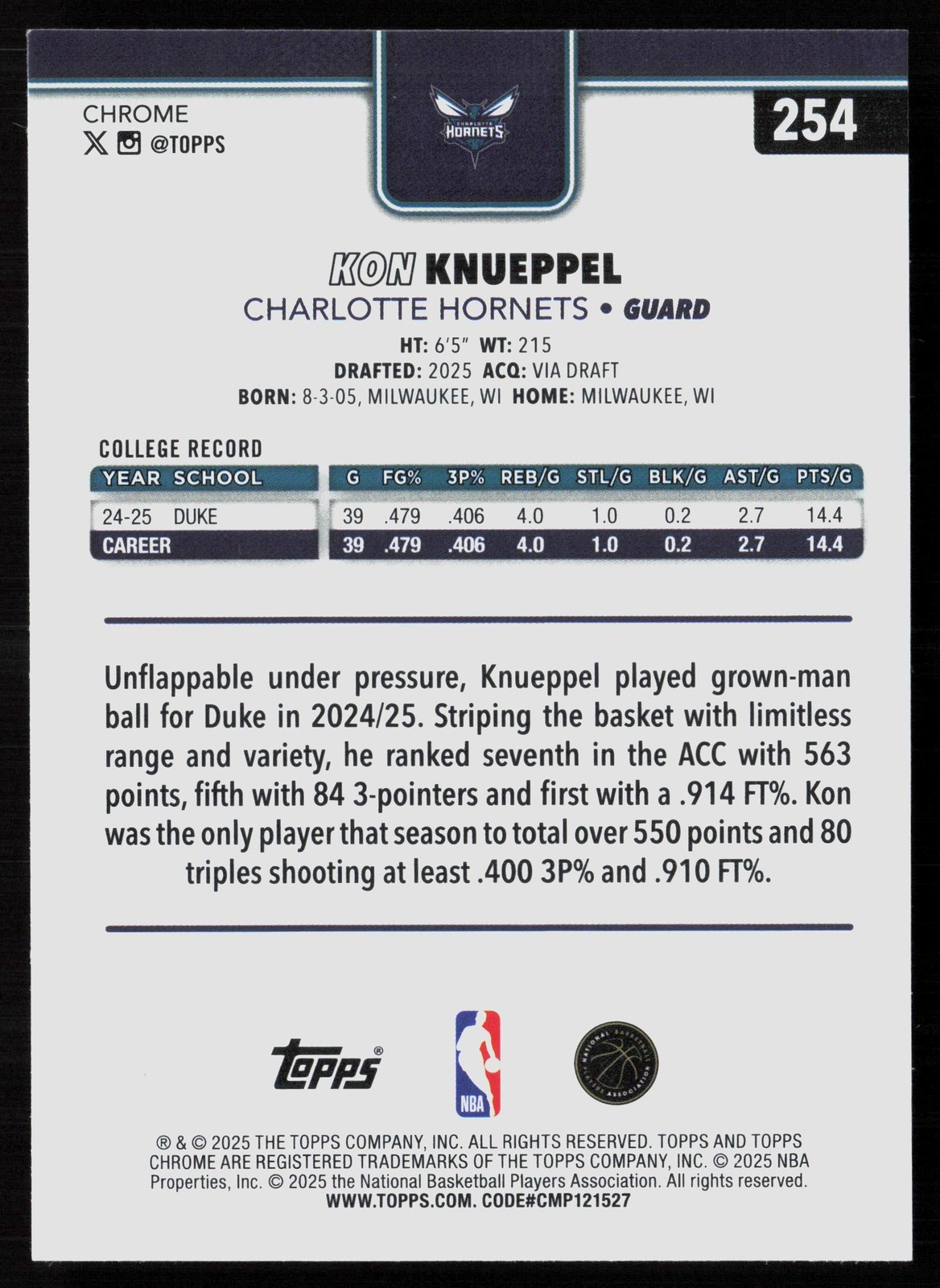 2025-26 Topps Chrome #254 Kon Knueppel