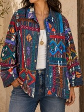 Chico  s Design Vintage Silk Applique Patchwork Denim Jacket Boho Sz 2 L Aztec
