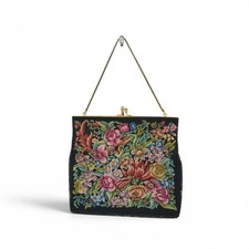 Vintage Floral Needlepoint Handbag with Gold Tone Frame and Handle