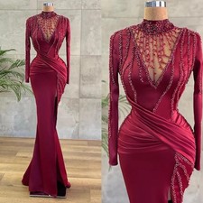 Burgundy Mermaid Evening Dress High Neck Long Sleeves Satin Beaded Evening Gowns