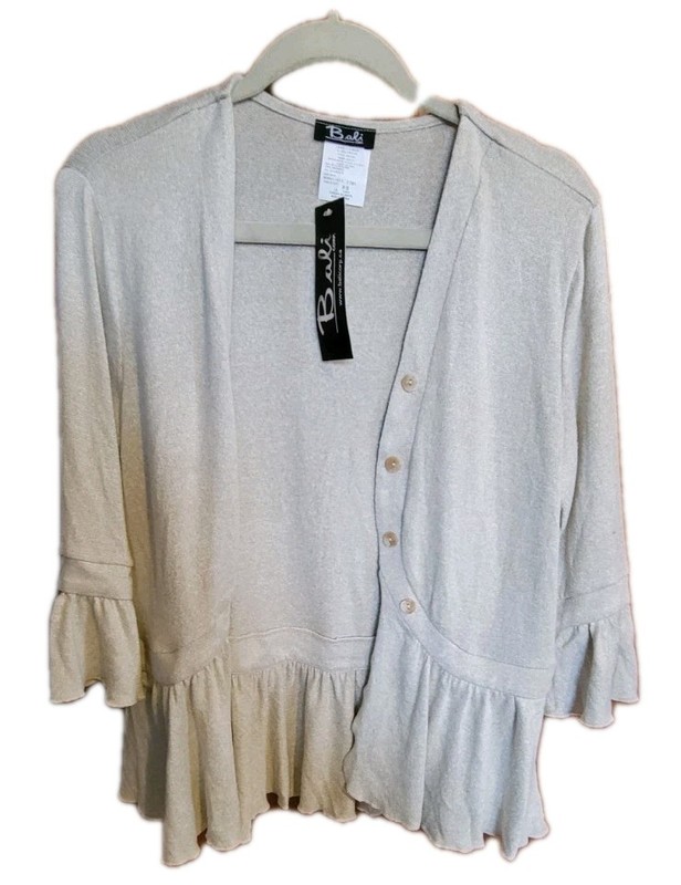 Bali Petite Small Ivory Ruffled Cuff Cardigan Sweater Bottom Ruffled Flounce NWT
