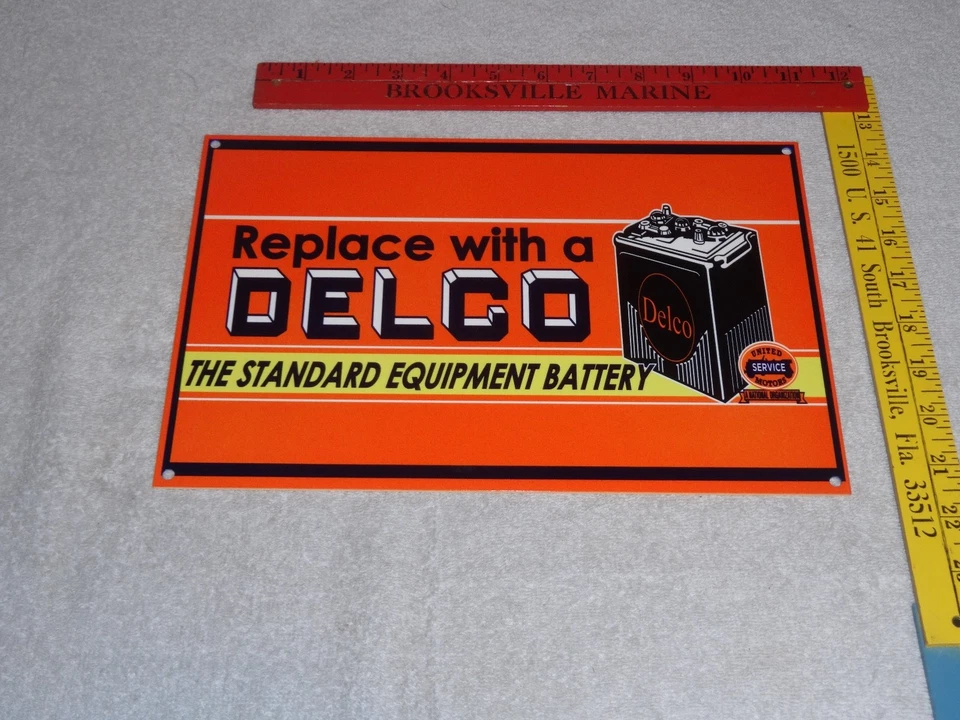 DE COLECCIÓN DELCO BATTERY & UNITED MOTOR SERVICE CAR 12" METAL GASOLINA ACEITE LETRERO! GM Foto 2 de 4
