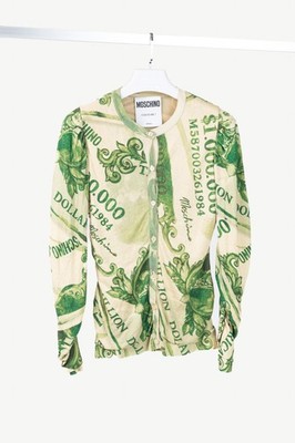 Moschino AW/19 Green Wool Money-Print Ruched Cardigan, Size US S