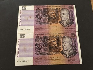 1969 $5 Philips/ Randal x 2 consecutive VF/gVF scarce!!! CV=$150