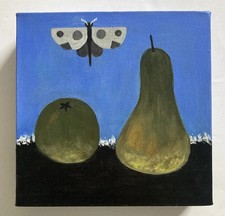 Cute Contemporary Oil Painting Fruit + Butterfly On Canvas - 20cm Sq