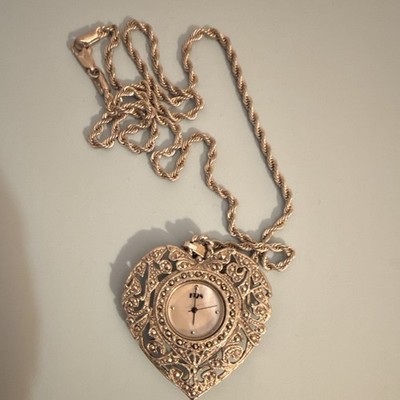 FDS Heart-Shaped Necklace Watch silver Tone Chain Locket Polished Analog